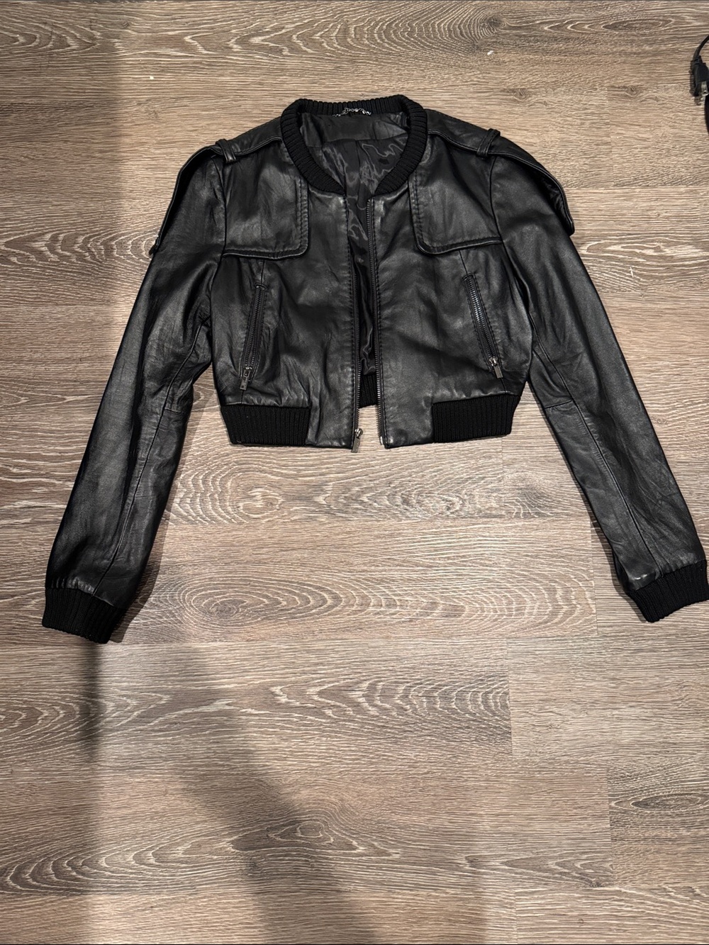 BCBGMaxAzria Black Cropped Leather Bomber Jacket
